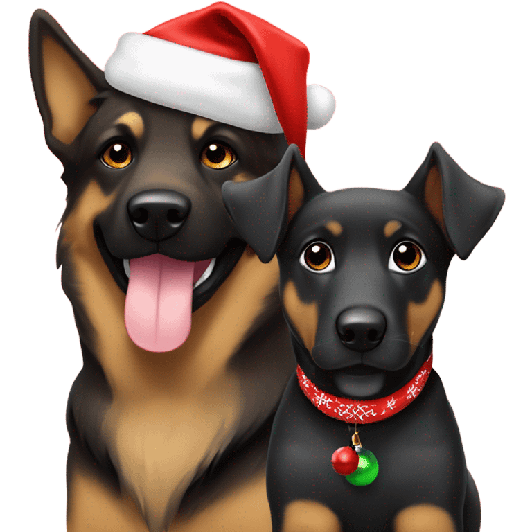 Light brown dog in Santa hat sitting next to a black German Sheppard that is wearing a Christmas bandana emoji