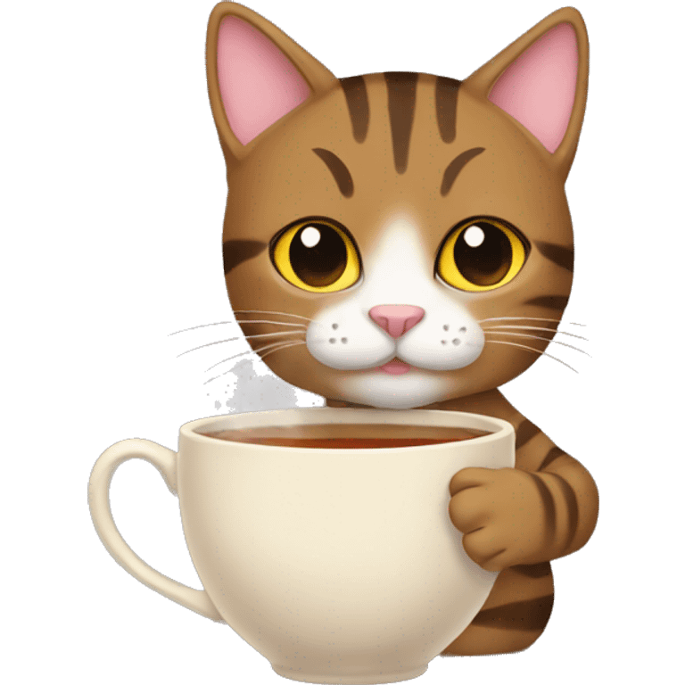 brown Tabby cat holding a cup of tea emoji