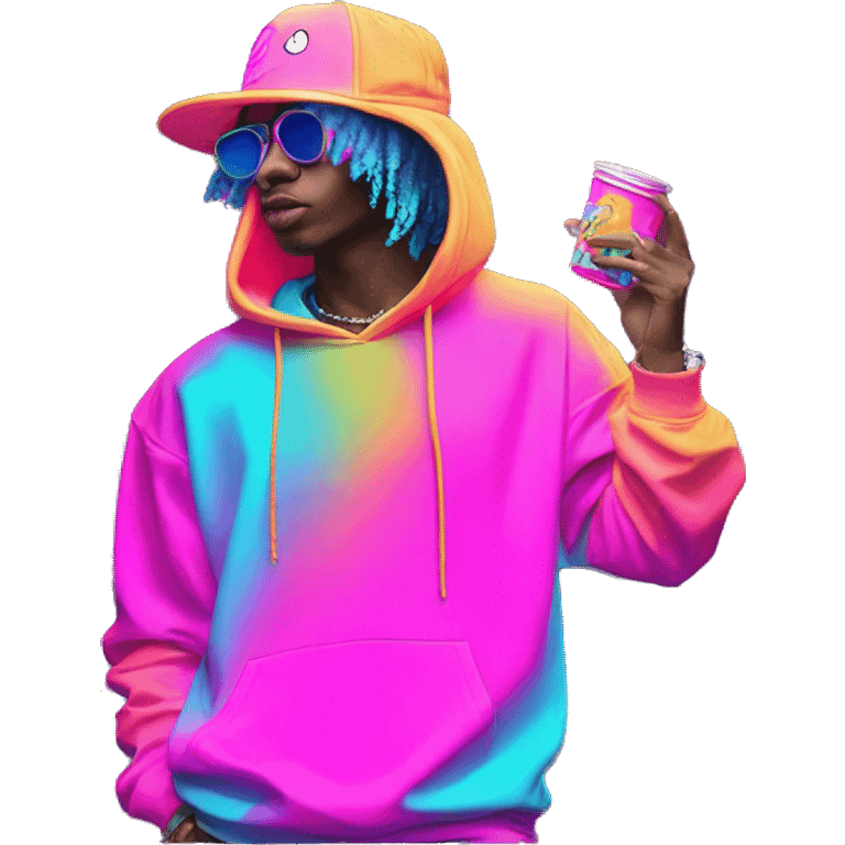 Multicoloured neon Vaporwave person smoking wearing hoodie dancing hip hop bucket hat tropical Skater fashion aesthetic baggy clothes graphic t shirt 420 emoji