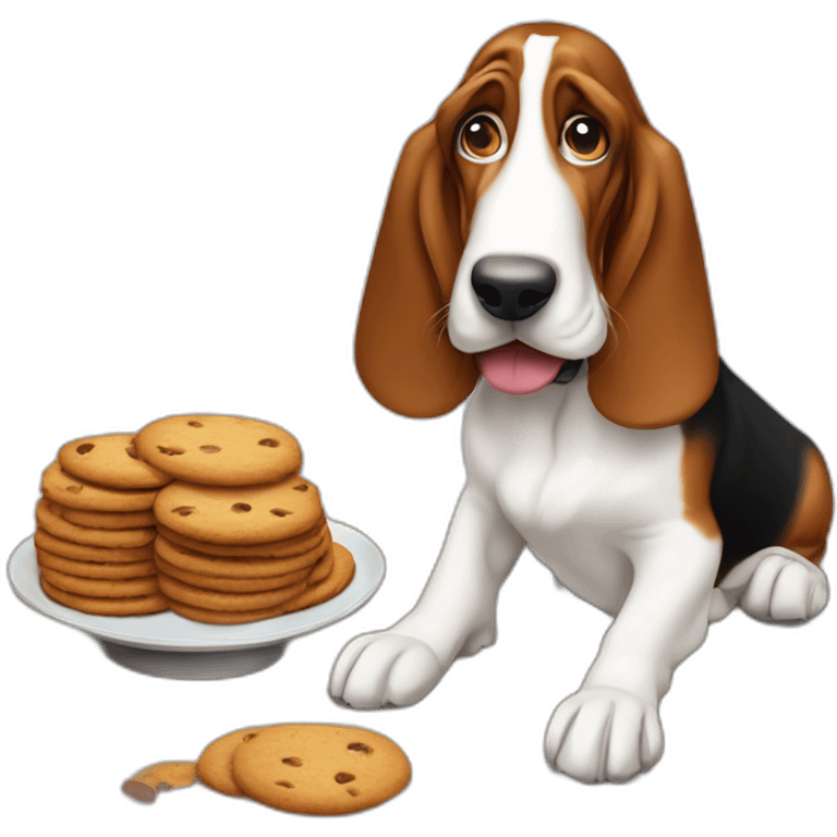 Basset hound dog stealing cookies from a table, missing his right eye emoji