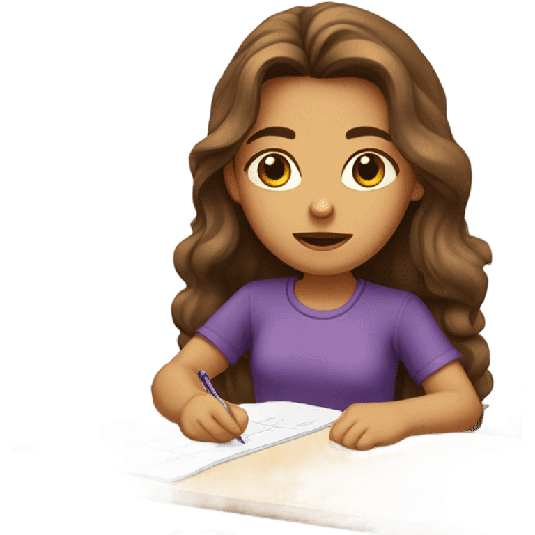 girl with long wavy brown hair in a purple shirt like the normal emoji and brown eyes taking a test  emoji