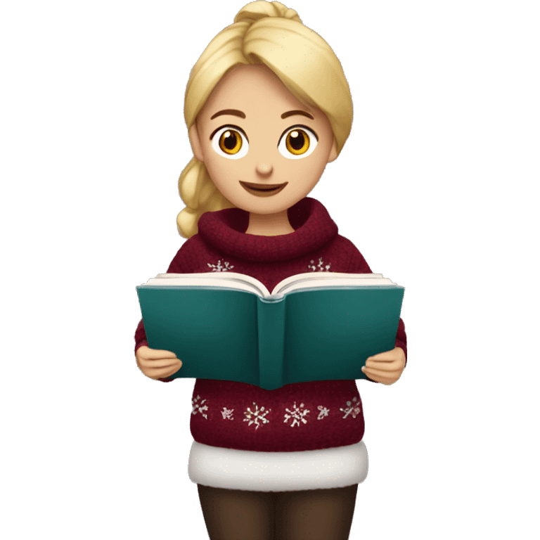 Girl wearing burgundy Christmas jumper reading a book emoji