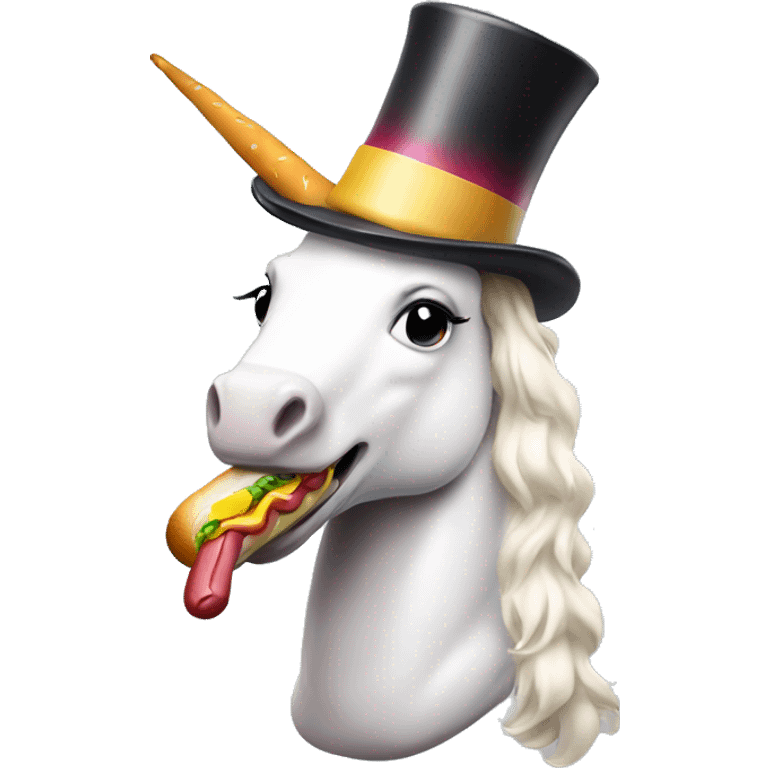 Unicorn eating a hot dog with a top hat emoji