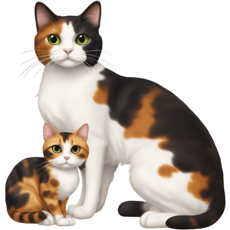 caliby-and-white cat with white paws and green eyes, next to a skinny dark tortoiseshell cat with orange eyes and a cream colored marking above its mouth emoji