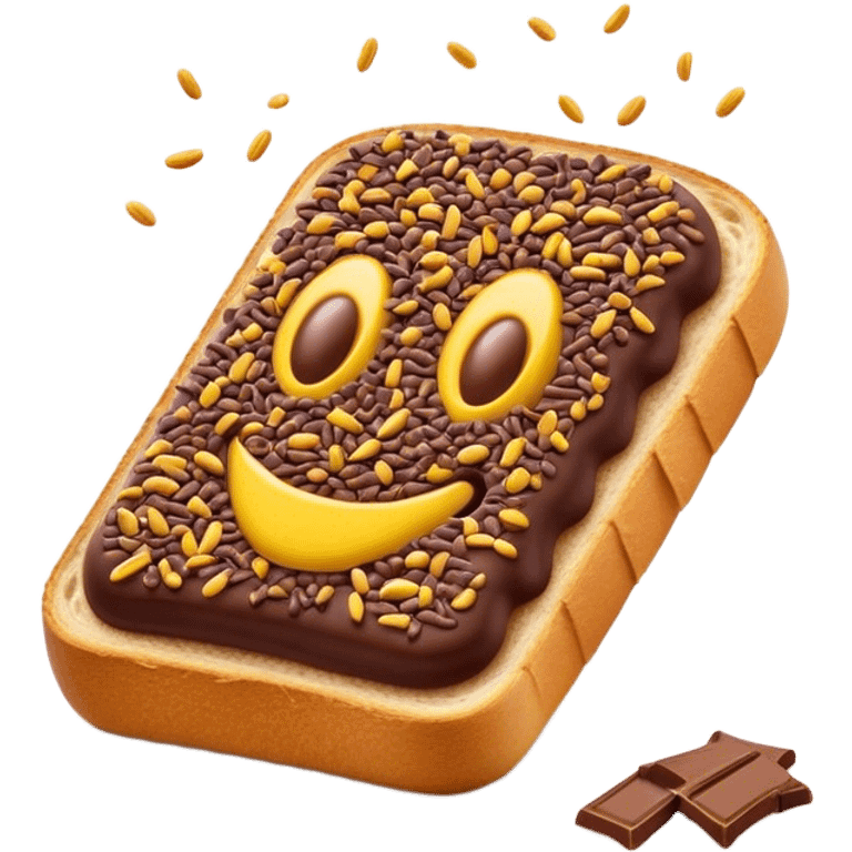 Cinematic Realistic Hagelslag Treat Emoji, depicted as crunchy chocolate sprinkles on buttered bread rendered with vivid textures and playful, inviting lighting. emoji