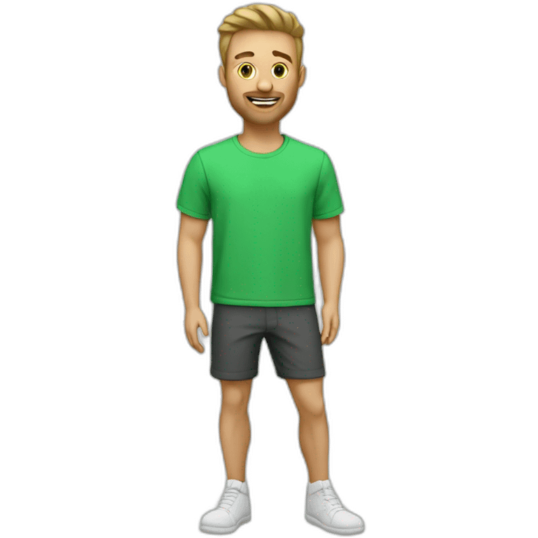 Homme blanc en short avec t-shirt vert emoji