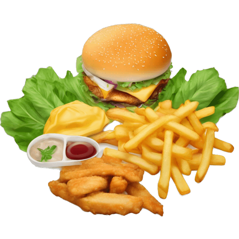 plate of food with chicken french fries burger and green leafs wide ange emoji