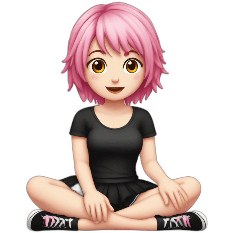 Full body Front view curvy emo girl pink hair sits on the floor straight view hands up black skirt белые трусики полосатые рваные чулки emoji