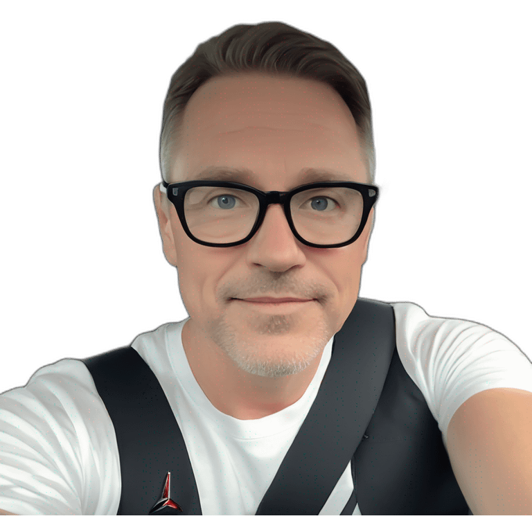 middle-age-lean-white-man,no-facial-hair,-with-black-hair-&-glasses-wearing-black-Tesla-T-shirt,-inside-black-tesla-model-3, at the wheel, front view emoji