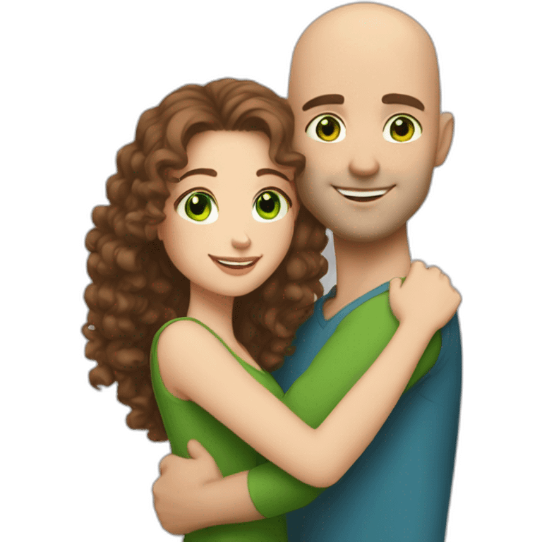 girl with curly brown hair and green eyes hugging taller handsome bald blue-eyed man emoji