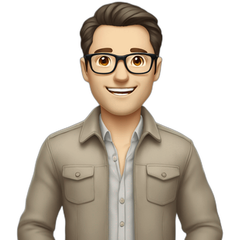 Joyful Full height Pale skinned Fit Man With dark brown hair in gray jacket, beige office shirt, Brown pants and vintage glasses. His thrumbs up emoji