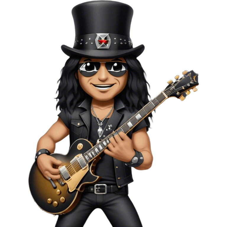 Create a bold and iconic emoji representing Slash with his Gibson guitar. The design should feature Slash wearing his signature black top hat (cylinder) and holding his famous Gibson Les Paul guitar. Make sure to capture his distinctive smudged, smirking expression, with a slightly tanned or smuggled face and large lips. The guitar should be positioned in a rockstar pose, with dark, metallic colors like black and gold to reflect the classic rock aesthetic. The background should be transparent, with a hint of stage lighting to enhance the rock vibe. emoji