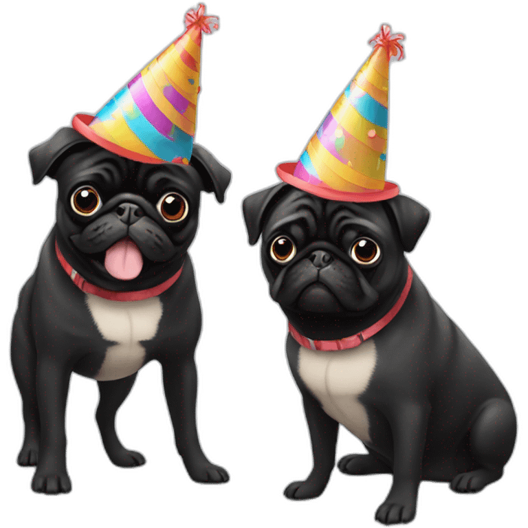 pug and black pug wearing birthday hat emoji