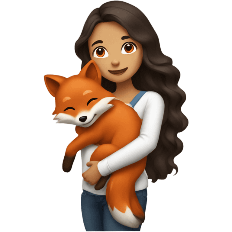 a woman with long wavy dark brown hair hugging a fox emoji