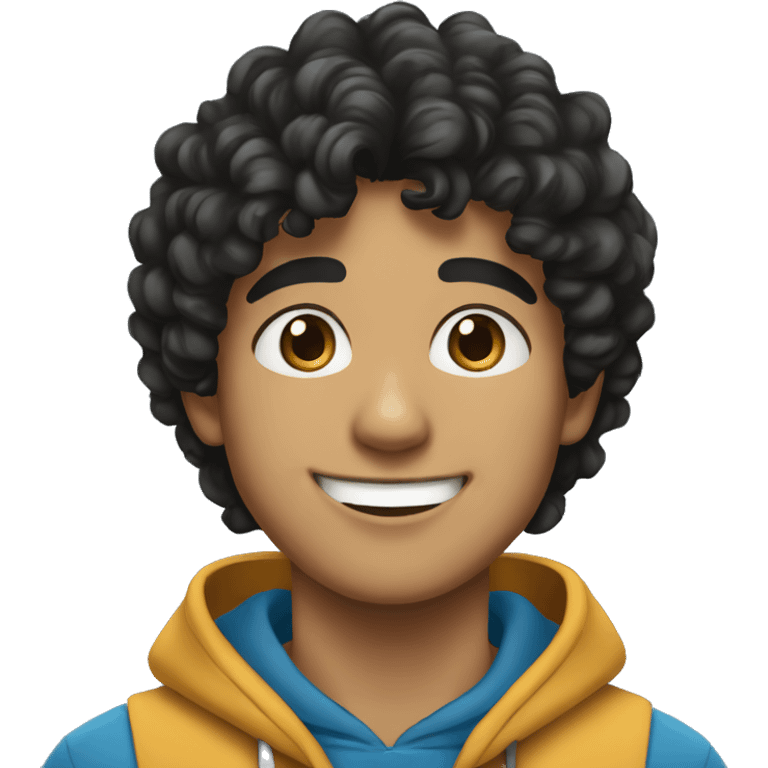 Cheerful Pakistani teenager with black curly hair. He's wearing a blue hoodie. emoji