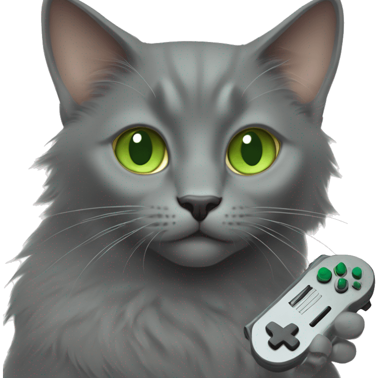 dark gray nebelung cat with light green eyes holding a video game controller emoji