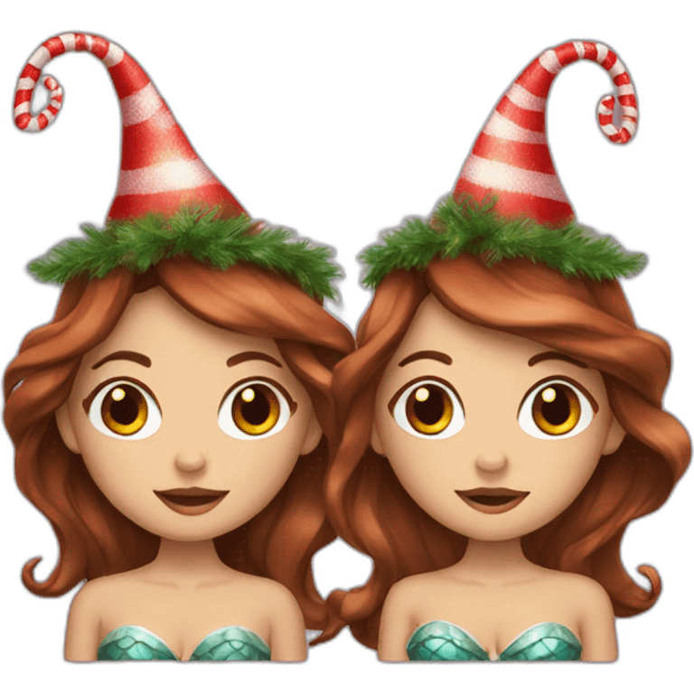 Two brown haired mermaids dressed for Christmas emoji