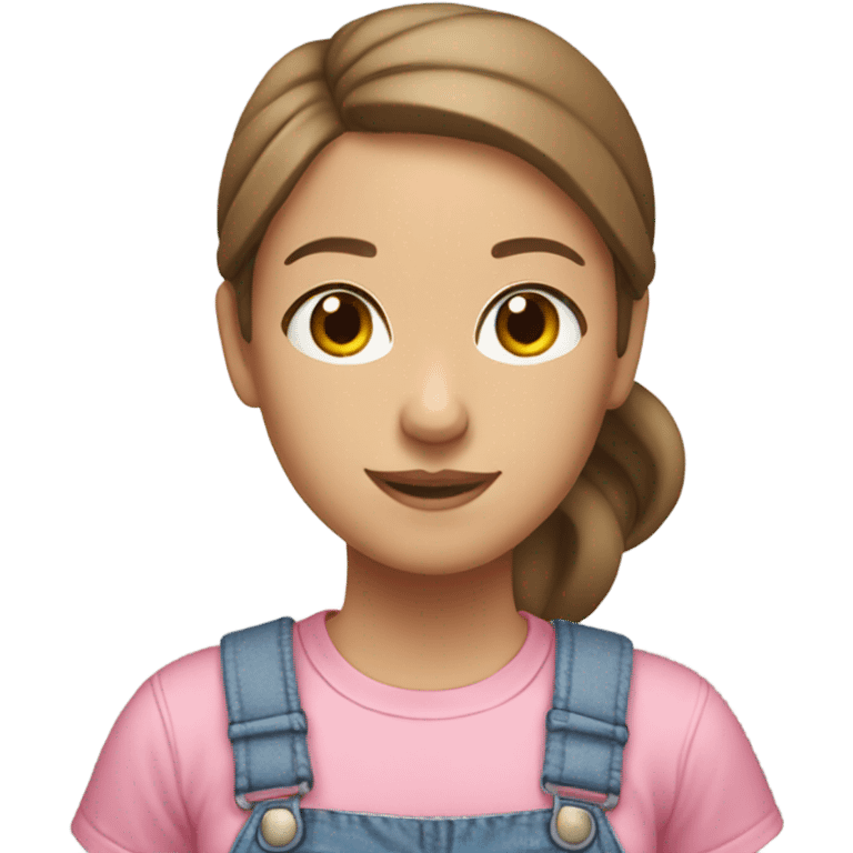 A white woman with brown hair in pony tail wearing white headband, pink t shirt and overalls  emoji