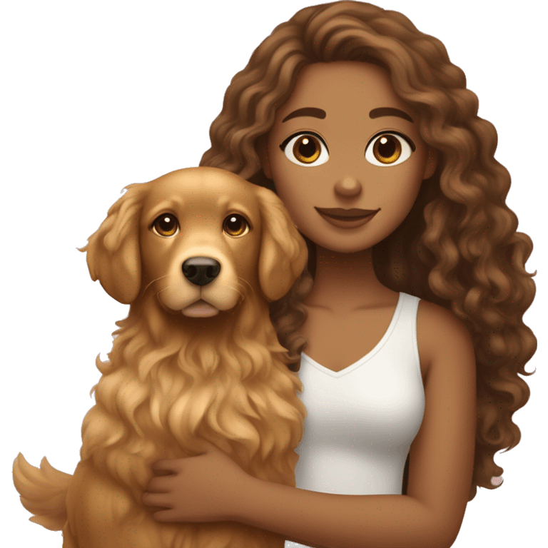 Tan skinned girl with  long brown curly hair with a golden retriever puppy emoji