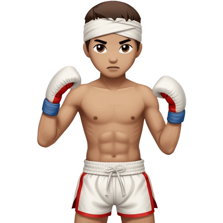 ​Cinematic Realistic Traditional Muay Thai Fighter, depicted in authentic attire featuring white bandaged gloves wrapped around his fists, a traditional headband tied neatly, and classic Muay Thai shorts, captured in a dynamic fighting stance under dramatic, high-energy lighting that highlights the raw power and elegance of the art, emoji