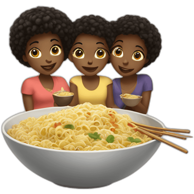 Three black girls sharing a bowl of noodles emoji