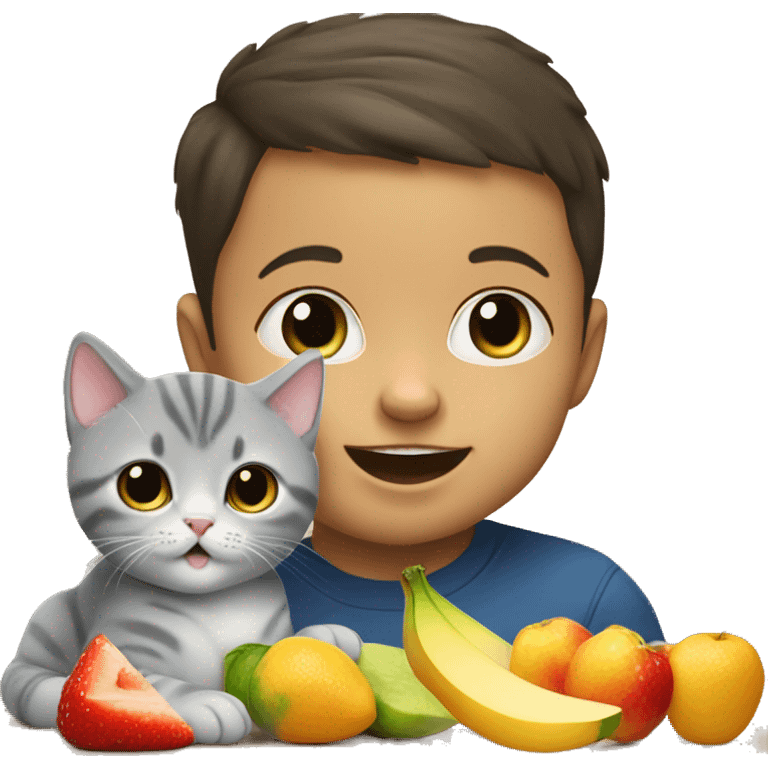 Bold baby boy eating fruits with a british shorthair cat emoji