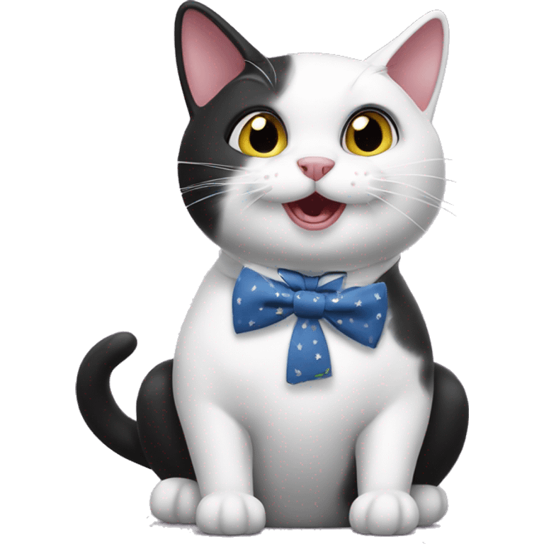 a silly black and white cat, female, with a silly bowtie, crunching some treats emoji