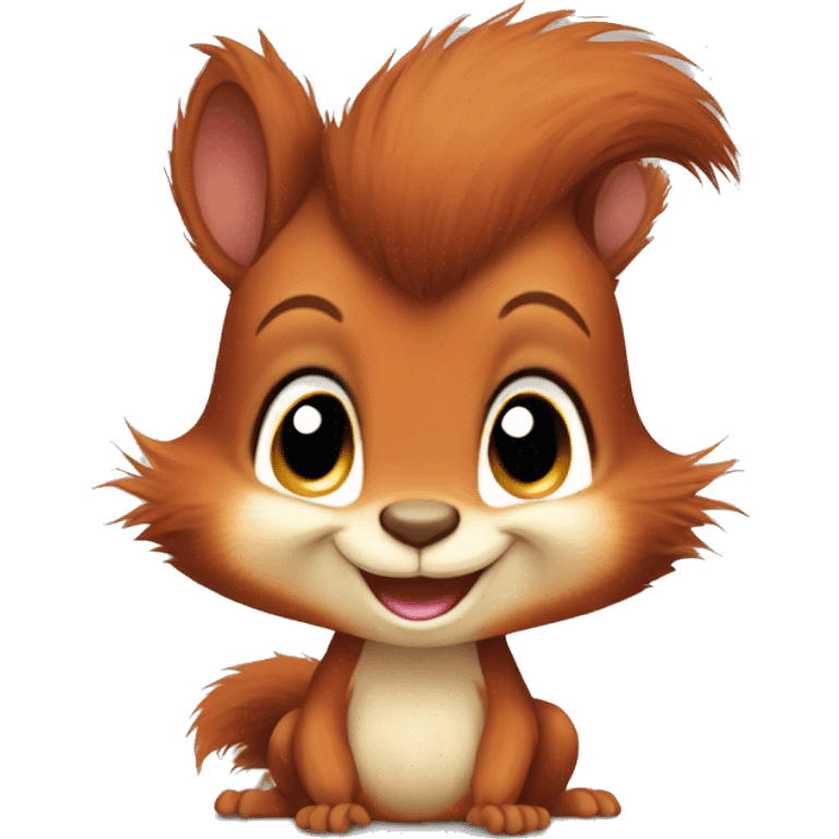 Cute baby red squirrel face smiling with bushy tail, whole squirrel emoji