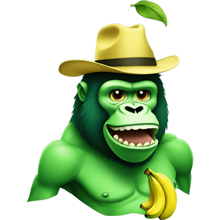 Green gorilla tag character with a banana has a hat emoji