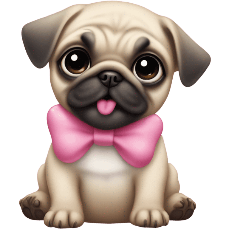 Baby pug with big pink
eyes wearing a pink bow on her head and a daisy in her mouth  emoji