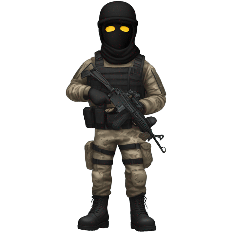 male, pale skin, call of duty black face mask, camo tactical gear, combat boots, black beanie, blue eyes emoji