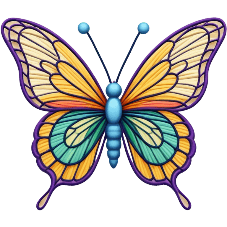 String art icon, colorful butterfly made with threads, wings formed by intricate thread patterns, body of the butterfly with visible thread ball structure, minimalistic style, clean lines, transparent background. emoji