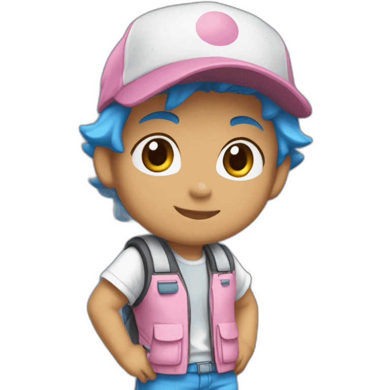 I want a drawing of a boy with a pokemon hat, blue hair, light skin tone, a white t-shirt with a blue pokemon vest and lead-colored shorts and white shoes with pink laces. emoji