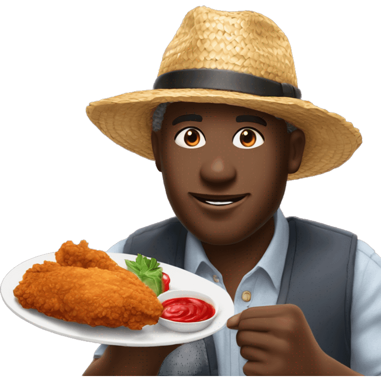 Black man wearing a straw hat while eating spicy fried chicken ￼ emoji