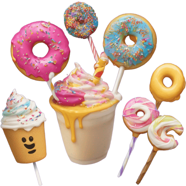 a birthday shake topped with a sprinkle donut hole, sprinkle sugar cookie, and swirl lollipop emoji