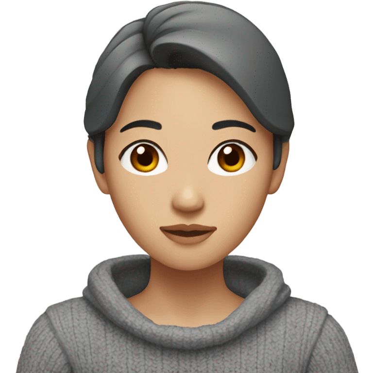 Asian Female with dark red hair , brown eyes , wearing a gray sweater  emoji