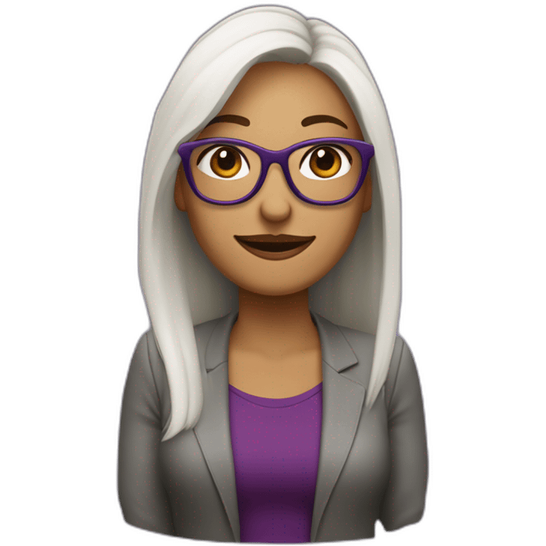 mujer riendo con piel de color blanco con gafas cabello hasta el hombro y de color marron con un computador al lado color morado emoji