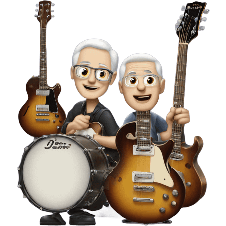 Three older white musicians jamming. one on a Gibson guitar, one on a Fender bass and one on drums emoji