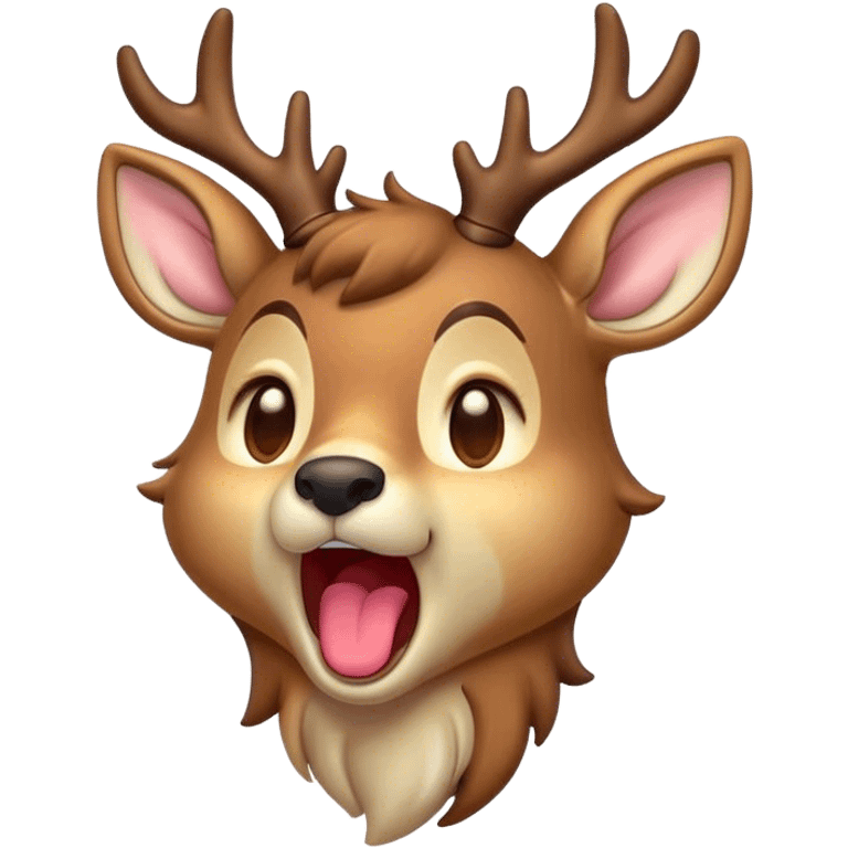 Cinematic Cute Yawning Deer Portrait Emoji, Head tilted slightly with a dramatic, wide-open yawn, revealing a soft, dappled Fur and elegantly drooping ears, eyes barely open in drowsy contentment, Simplified yet irresistibly adorable features, highly detailed, glowing with a soft, cozy glow, high shine, relaxed yet expressive, stylized with a touch of natural whimsy, bright and endearing, soft glowing outline, capturing the essence of a sleepy yet affectionate deer, so drowsy it feels like it could stretch right out of the screen and curl up for a nap! emoji