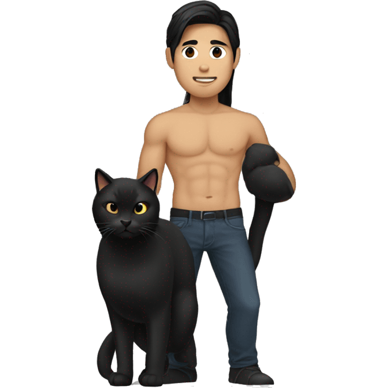 Long hair Asian man with abs holding black cat emoji