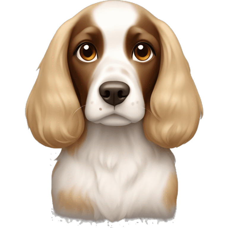 The dog is a brown-piebald Russian spaniel in the arms of a blonde girl emoji