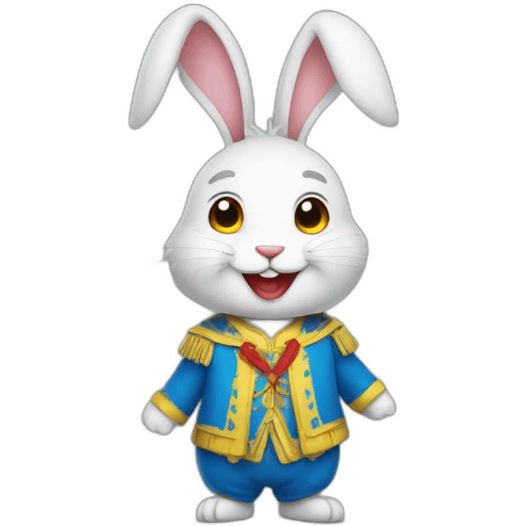 smiling rabbit dressed in a costume with colors inspired by the Ukrainian flag emoji