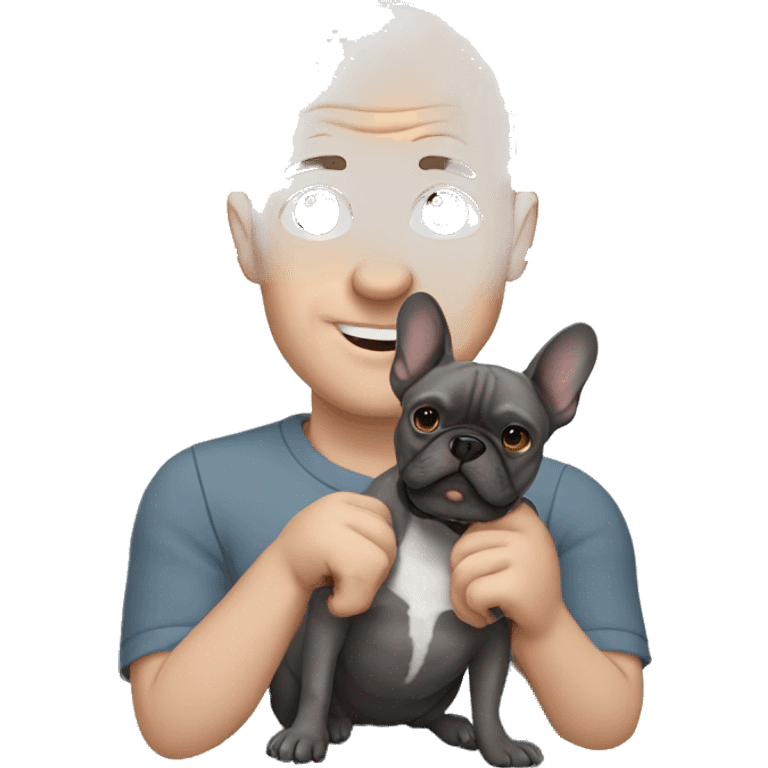 Bald man holding dark grey french bulldog  emoji