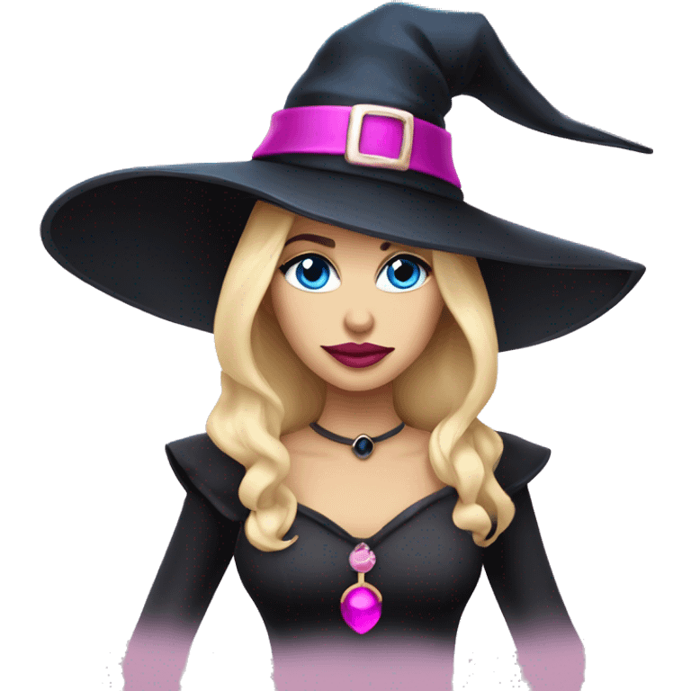 Beautiful blonde blue eyed witch with pink lips wearing witch hat emoji