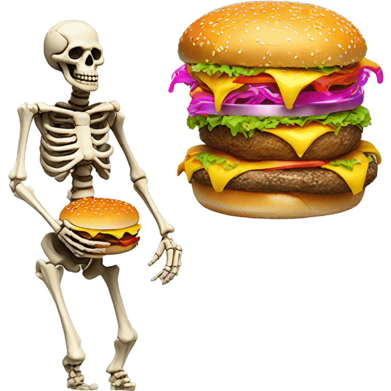 skeleton with neon lights and a burger with golden flakes emoji