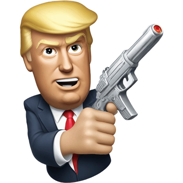 Donald trump holding a silver squirt gun in one hand and aiming it at the side of his head and giving a thumbs up with his other hand emoji