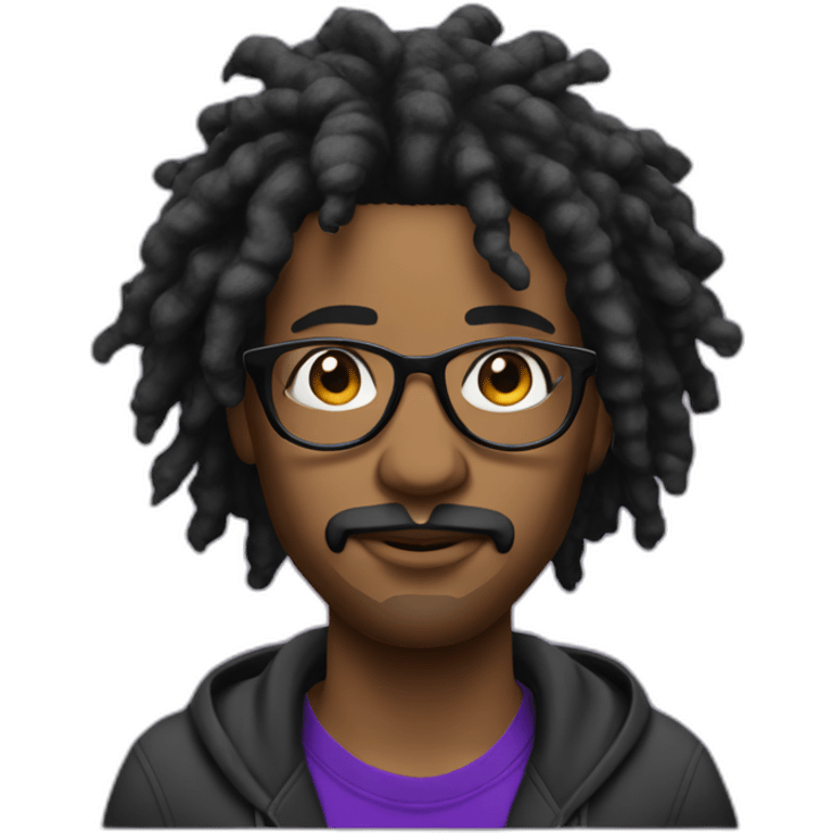 Single young with mustache Black digital creator with glasses and black locs and purple sweatshirt emoji