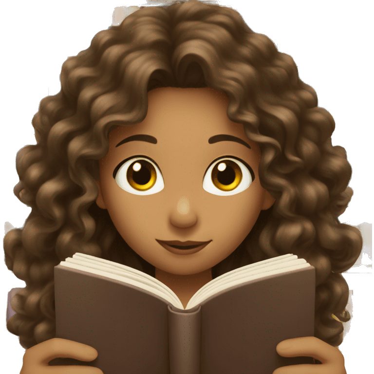 Girl with long curly brown hair reading a book emoji