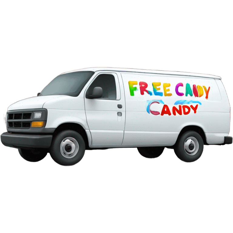 White big van with the words “free candy” on the side of it emoji