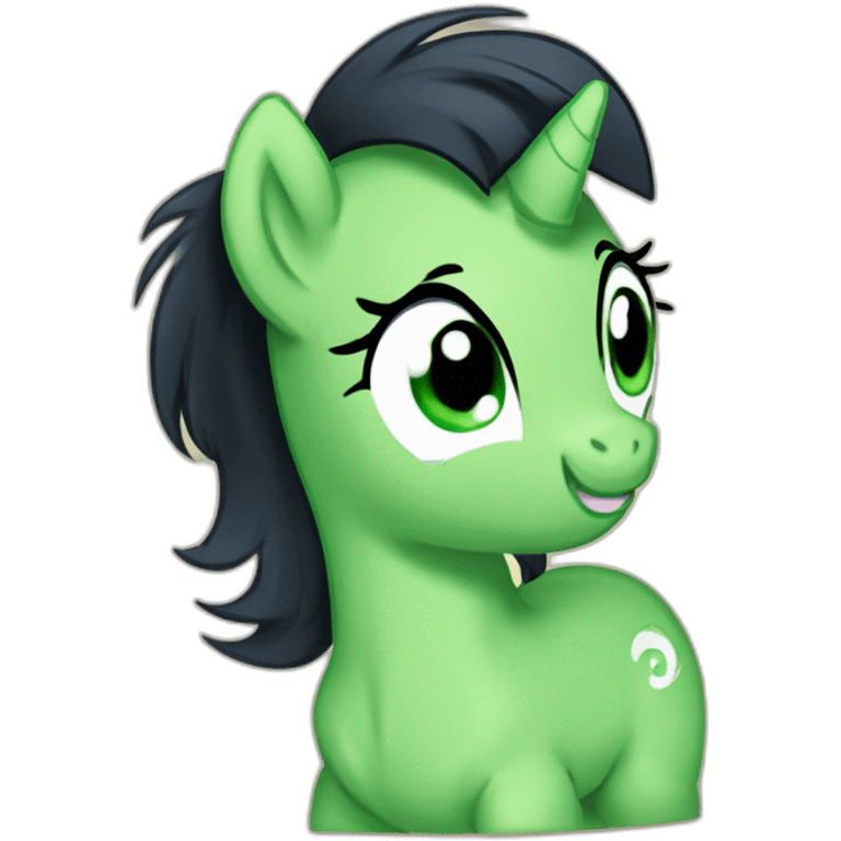 filly from equestria with a green coat and a black dishevelead mane and tail with a cutie mark with a cutie mark emoji